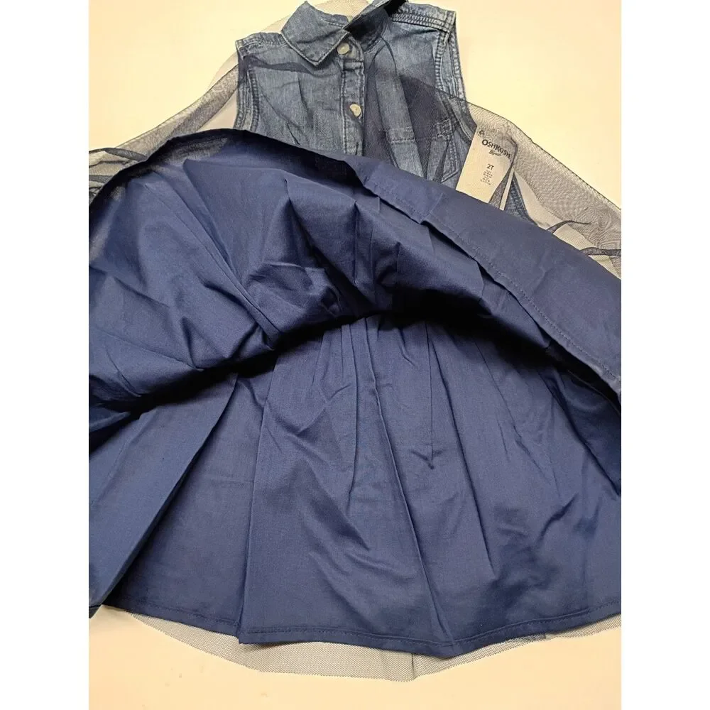 Oshkosh Navy Blue Dress Toddler SZ 2T Fit n Flare Denim & Layered Tulle NWT